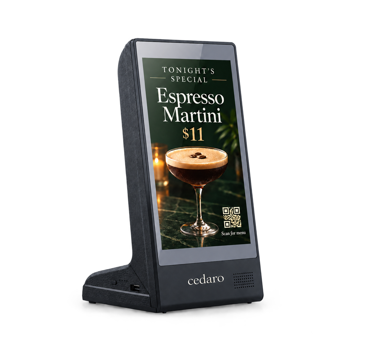 Cedaro tabletop display showing an espresso martini promotion, a QR code, and the Cedaro mark.